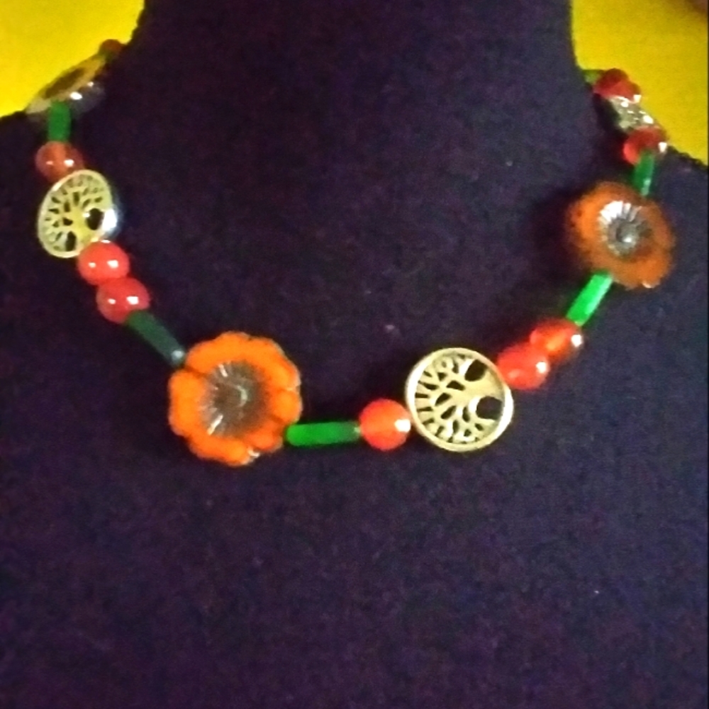 FALL 🍁 18" Medium Carnelian & Marigold Czech Glass Necklace🌼